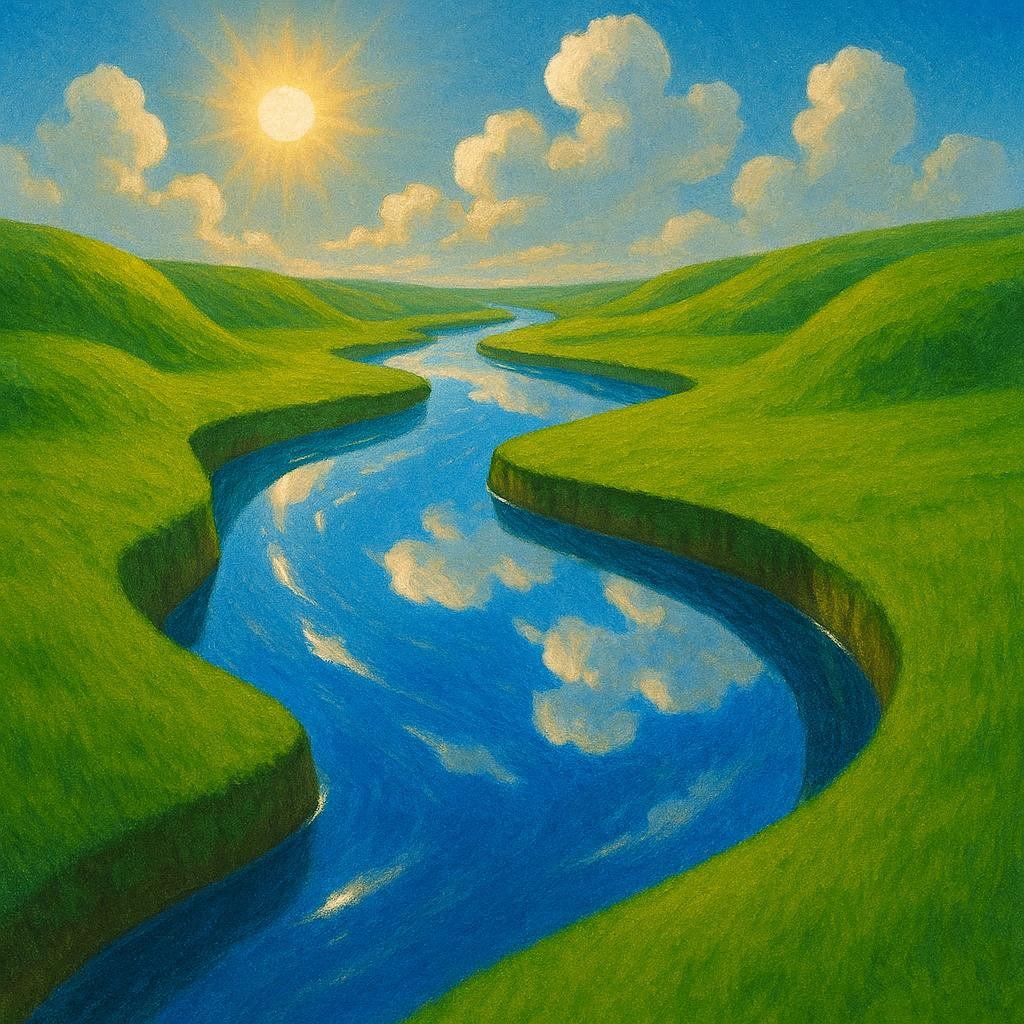 Surreal landscape: vibrant green grass forms winding land masses around a river reflecting a vivid blue sky with fluffy clouds, creating a portal-like illusion. Diagonal, wobbly river, strong sunlit highlights. Clean, polished aesthetic, digital painting style, dreamlike, Kodak 200 Gold.